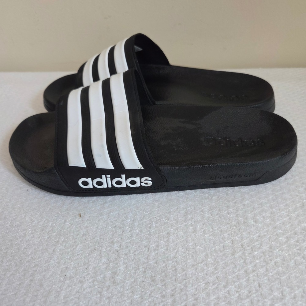 Adidas Adilette Cloudfoam Black White 3 Stripe Slide Sandals Mens Size 8